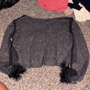 Black Mesh Women's Top with Fur Cuffs